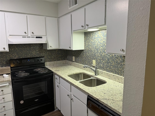 kitchen featuring white cabinets, sink, black / electric stove, dishwasher, and decorative backsplash