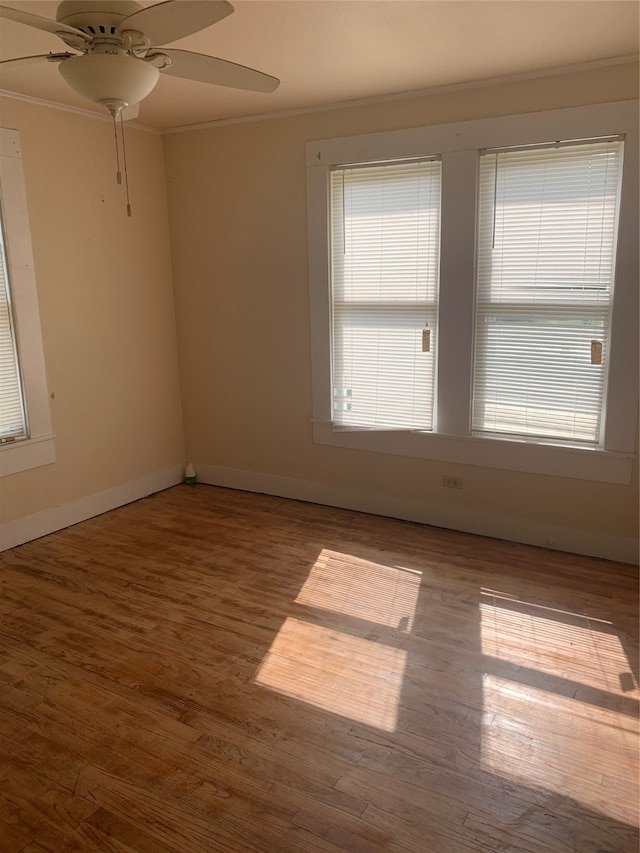 empty room with light wood-type flooring, ceiling fan, and crown molding