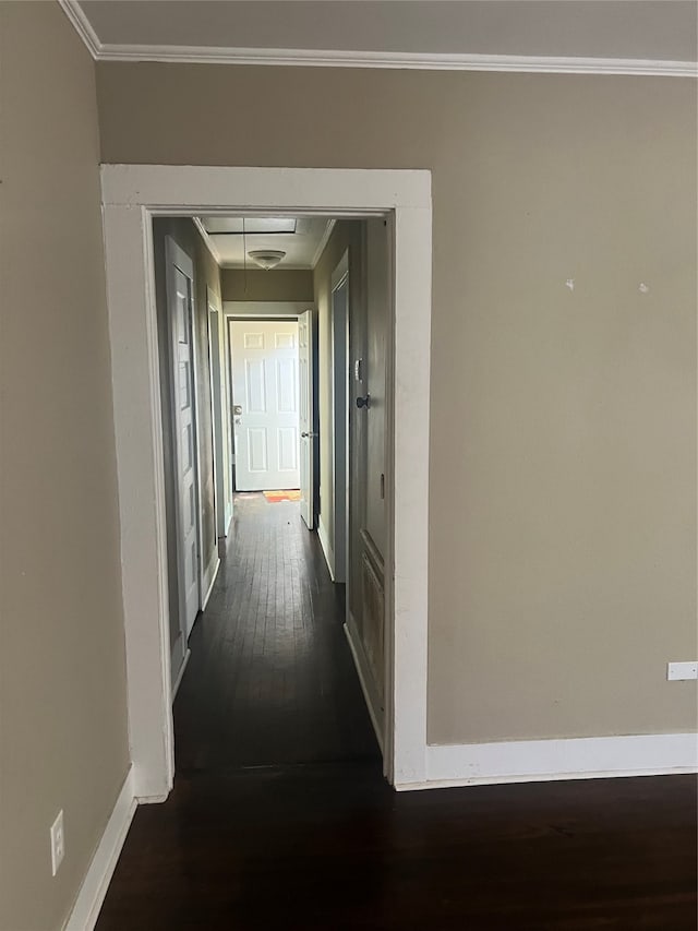 corridor with ornamental molding and dark wood-type flooring