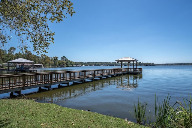 dock area featuring a water view and a gazebo