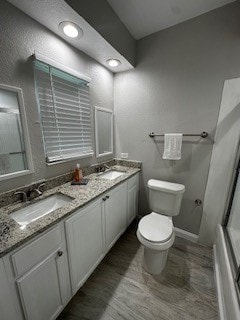 bathroom with a shower with door, vanity, and toilet