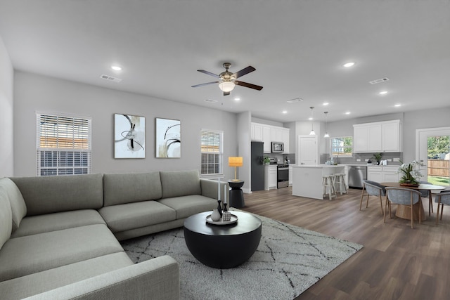 living room with ceiling fan and hardwood / wood-style floors