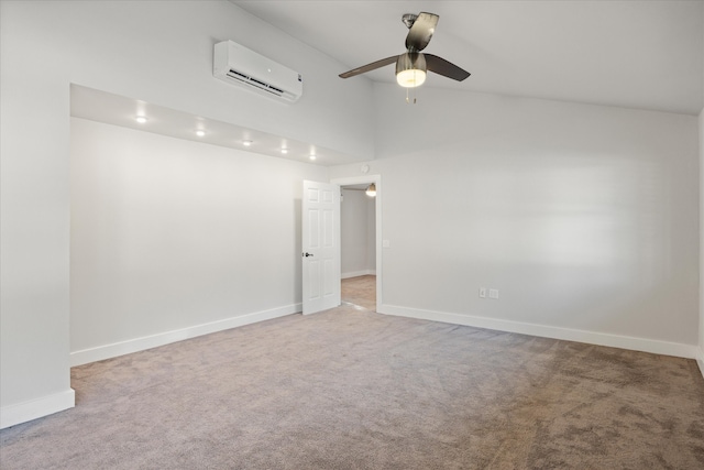 empty room with high vaulted ceiling, a wall unit AC, ceiling fan, and carpet flooring