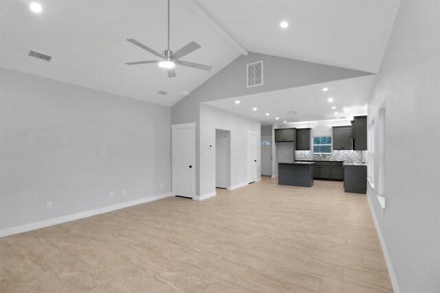 125 Barcelona, Payne Springs, TX 75156 - unfurnished living room with recessed lighting, visible vents, beam ceiling, high vaulted ceiling, and ceiling fan