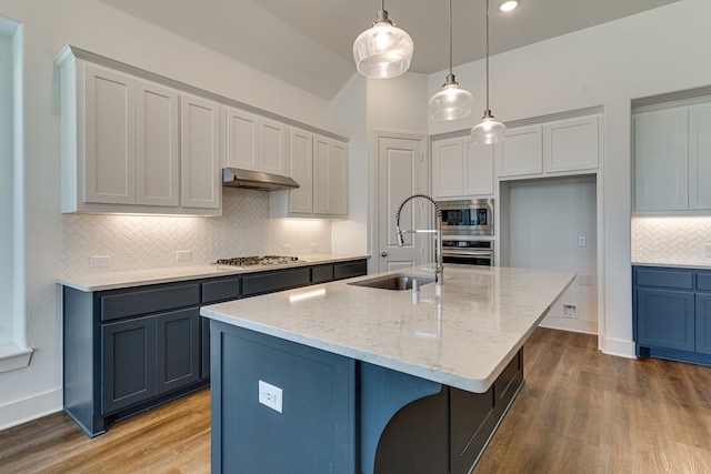 kitchen with a kitchen island with sink, appliances with stainless steel finishes, wood-type flooring, and sink