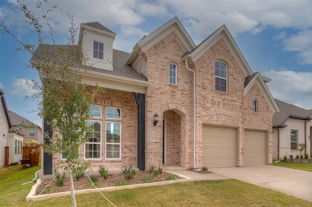 view of front of property with a garage and a front lawn