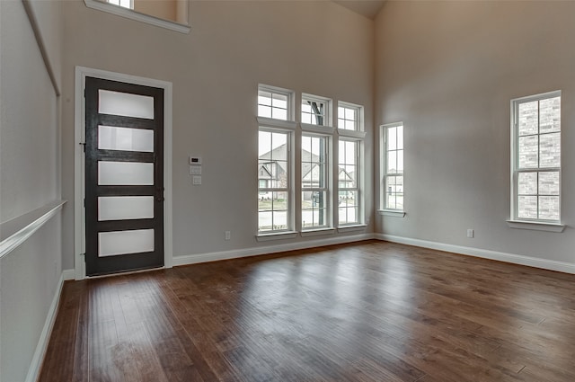 foyer entrance featuring dark hardwood / wood-style floors and a high ceiling