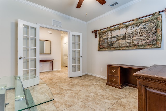 tiled home office with french doors, ceiling fan, and crown molding