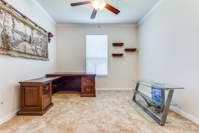 office with ceiling fan, light tile patterned floors, and ornamental molding