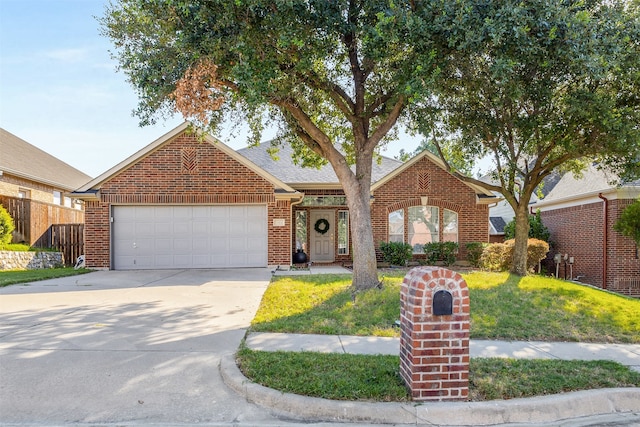 front facade with a garage and a front lawn