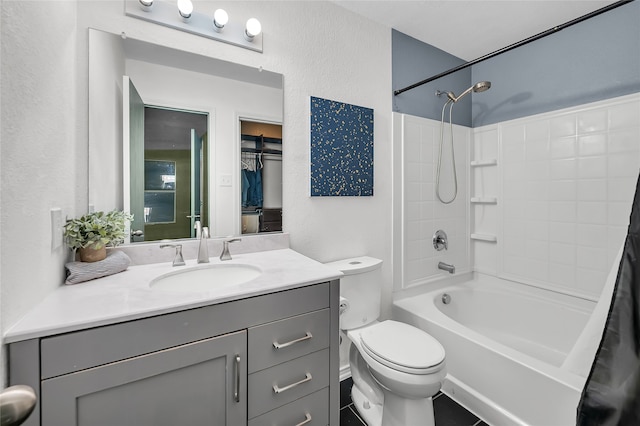 full bathroom with vanity, toilet, tile patterned floors, and shower / bathtub combination with curtain