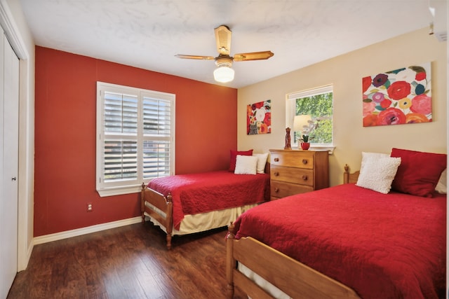 bedroom with ceiling fan, a closet, and dark wood-type flooring