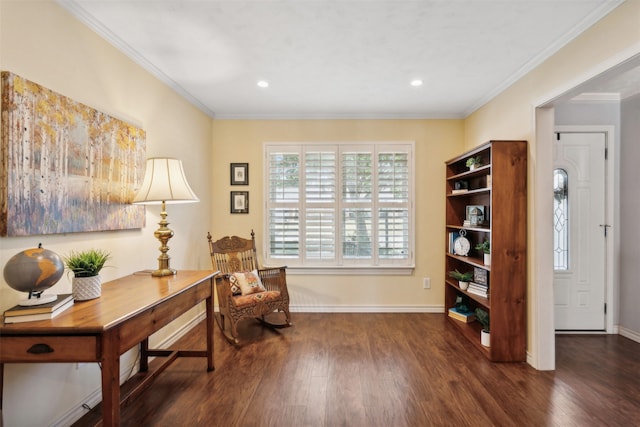 sitting room with dark hardwood / wood-style floors and crown molding