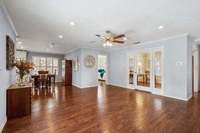 living room with ceiling fan, crown molding, and dark hardwood / wood-style flooring