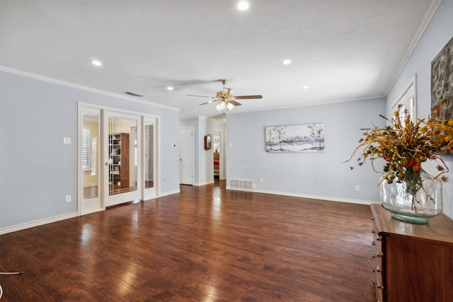 unfurnished living room with ceiling fan, dark hardwood / wood-style floors, and crown molding