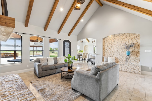 living room featuring high vaulted ceiling and beam ceiling