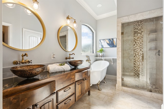 bathroom featuring tile patterned flooring, vanity, crown molding, and independent shower and bath