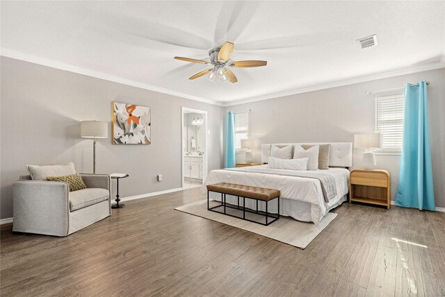 unfurnished bedroom with ceiling fan, dark wood-type flooring, and ornamental molding