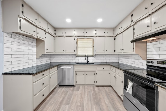 kitchen with white cabinets, appliances with stainless steel finishes, and sink