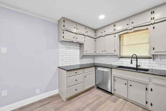 kitchen featuring dishwasher, tasteful backsplash, sink, light hardwood / wood-style flooring, and crown molding