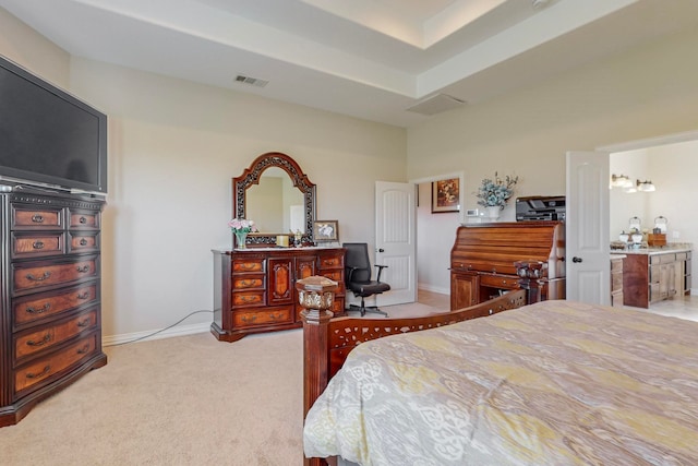 bedroom featuring light colored carpet