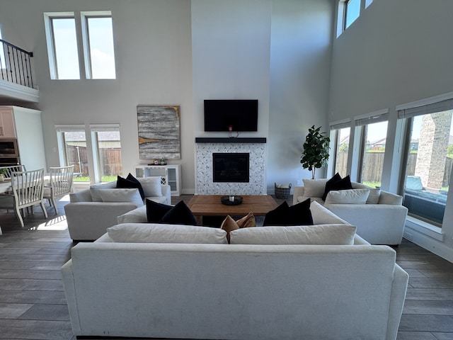 living room featuring a high ceiling and dark hardwood / wood-style floors