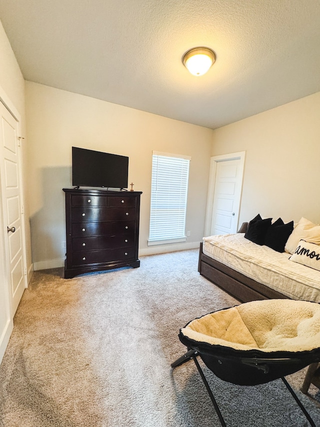 carpeted bedroom with a textured ceiling