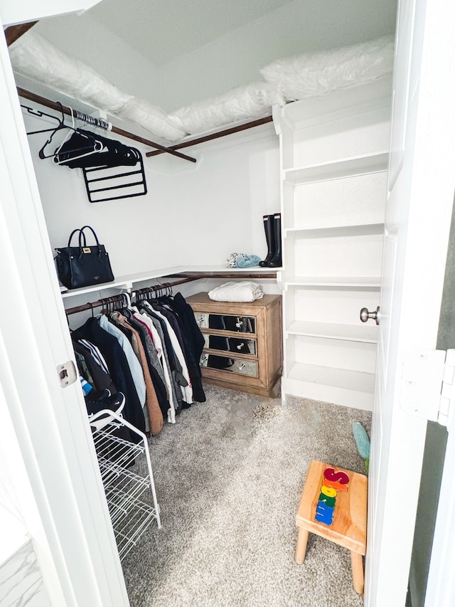 walk in closet with carpet