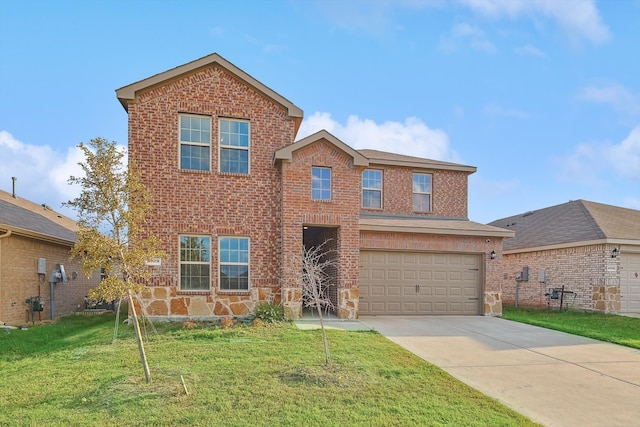 view of property with a garage and a front lawn