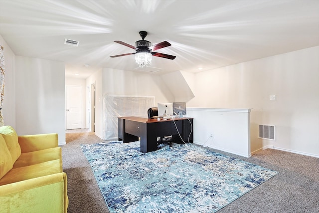 home office featuring carpet and ceiling fan