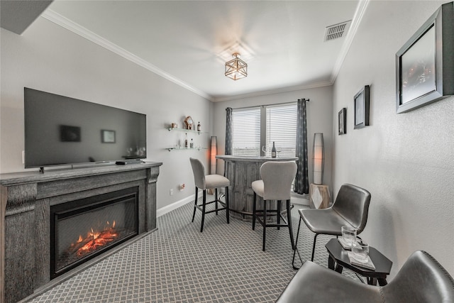 interior space featuring baseboards, ornamental molding, a dry bar, and carpet