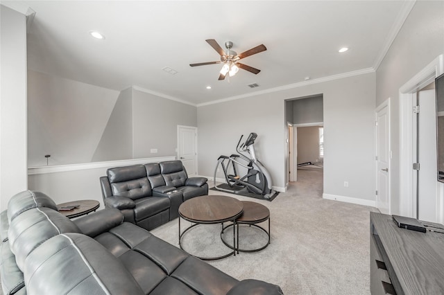 living room with light carpet, baseboards, recessed lighting, and ceiling fan