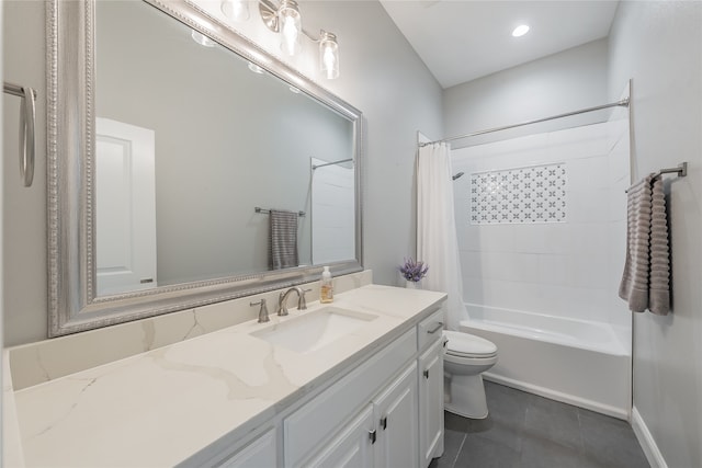 full bathroom with tile patterned flooring, vanity, toilet, and shower / bath combination with curtain