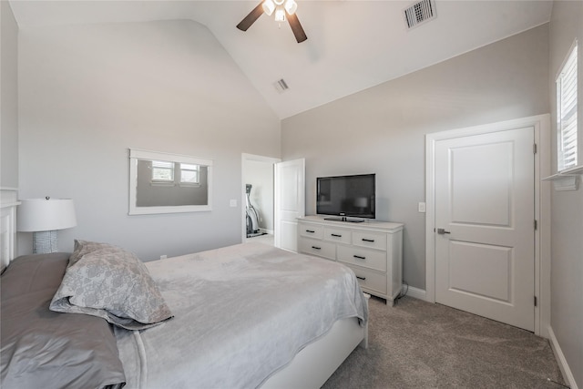 bedroom with light carpet, baseboards, visible vents, and high vaulted ceiling