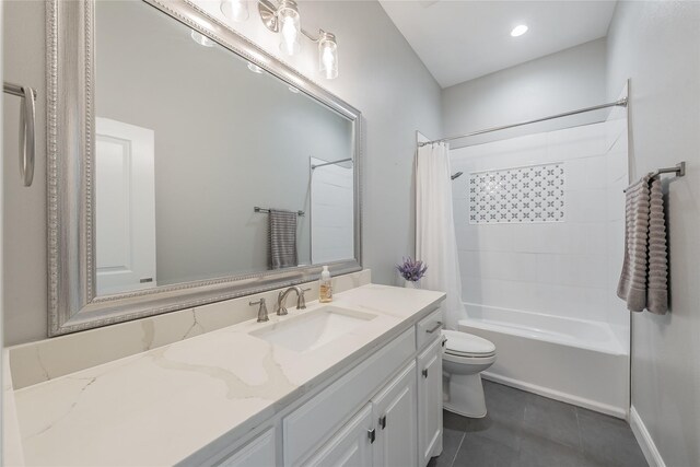 full bathroom featuring tile patterned floors, vanity, shower / bath combination with curtain, and toilet