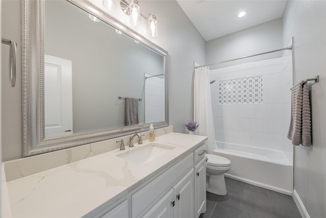 full bathroom with shower / bath combo, toilet, vanity, and tile patterned floors