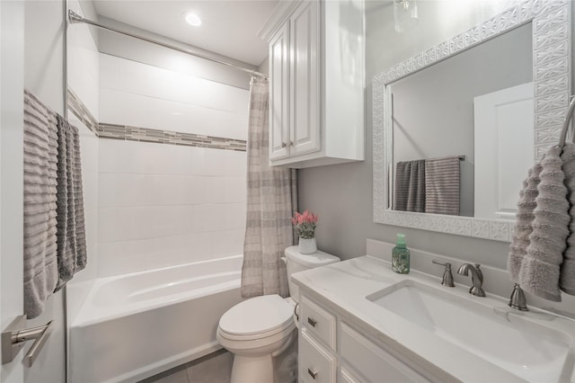 bathroom featuring shower / bath combination with curtain, toilet, vanity, and tile patterned floors