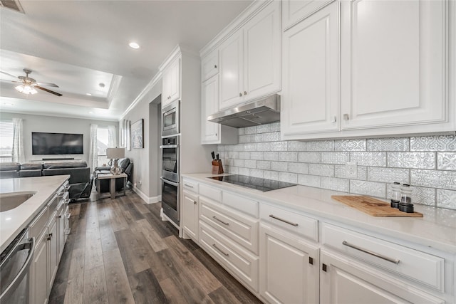 kitchen with recessed lighting, appliances with stainless steel finishes, under cabinet range hood, and white cabinets