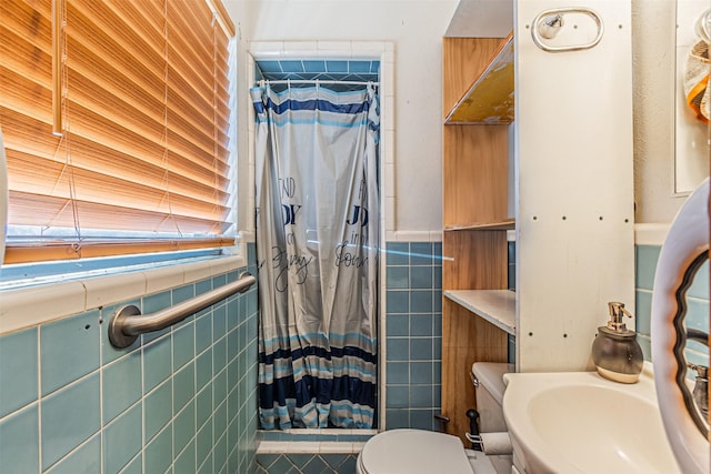 bathroom featuring walk in shower, tile walls, tile patterned floors, and toilet