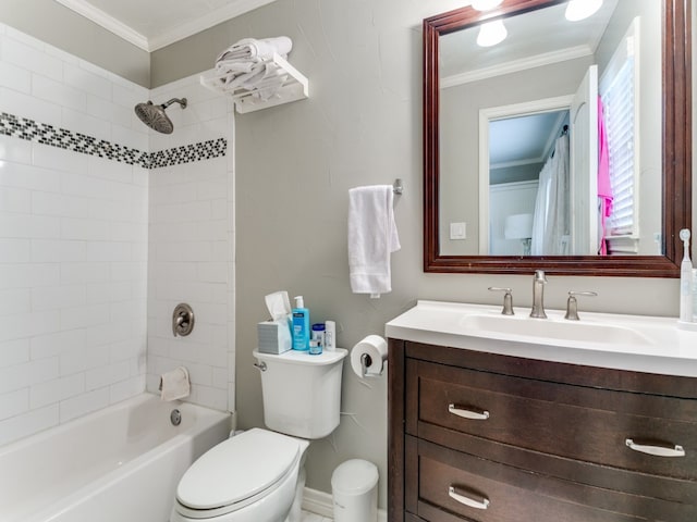 full bathroom with ornamental molding, shower / bath combination with curtain, vanity, and toilet