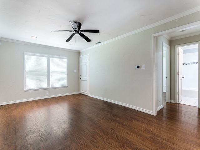 unfurnished room featuring ornamental molding, ceiling fan, and dark hardwood / wood-style flooring