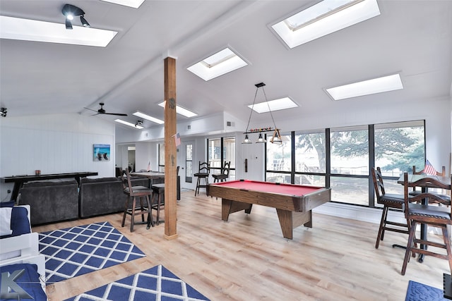 recreation room featuring ceiling fan, lofted ceiling, hardwood / wood-style floors, and pool table