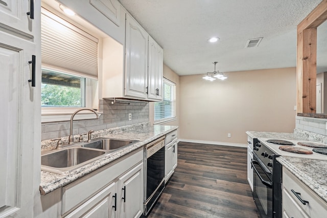 kitchen with tasteful backsplash, sink, white cabinets, and black appliances