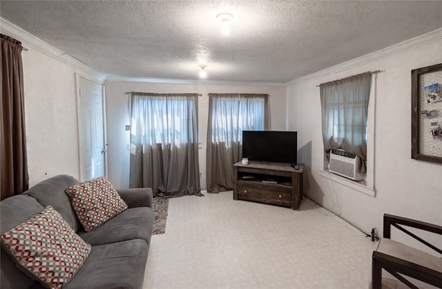 living room with ornamental molding, cooling unit, and a textured ceiling