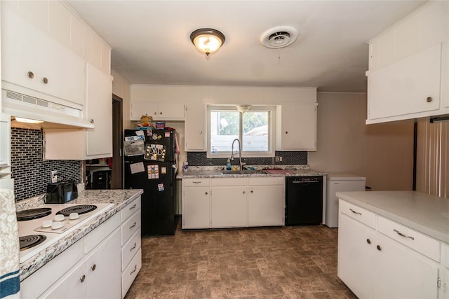 kitchen featuring backsplash, black appliances, white cabinetry, and sink