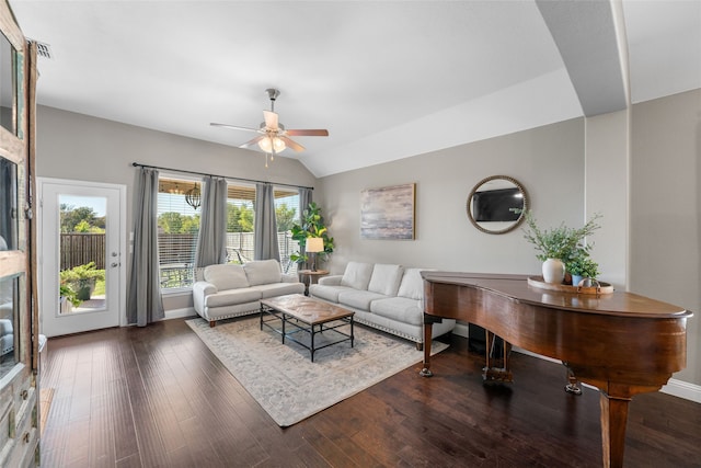 living room with lofted ceiling, dark hardwood / wood-style floors, and ceiling fan