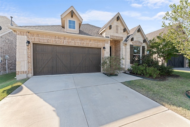 view of front of property featuring a front yard and a garage