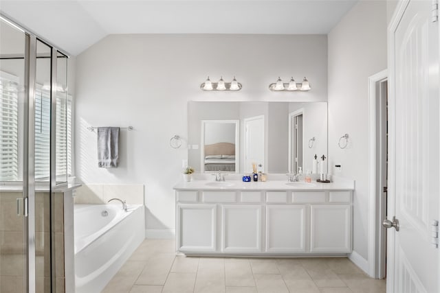 bathroom with vanity, plus walk in shower, lofted ceiling, and tile patterned floors