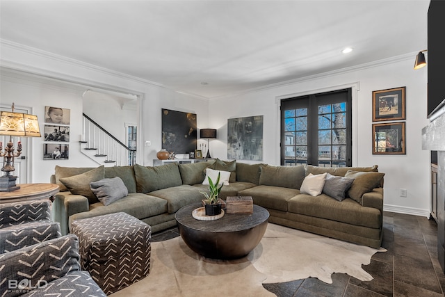 living room with crown molding