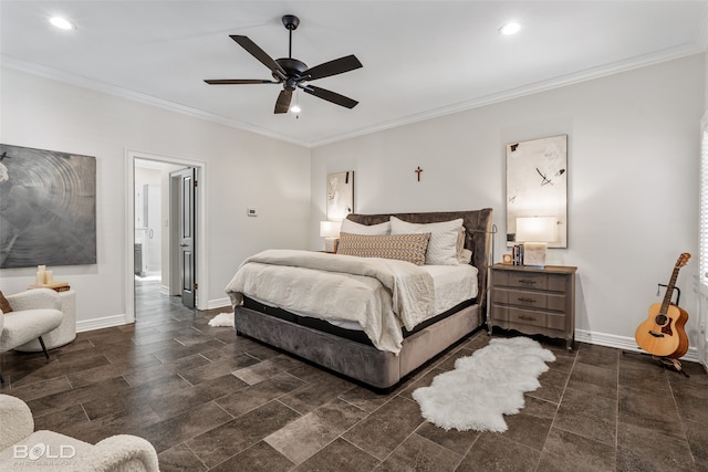 bedroom with ceiling fan and ornamental molding